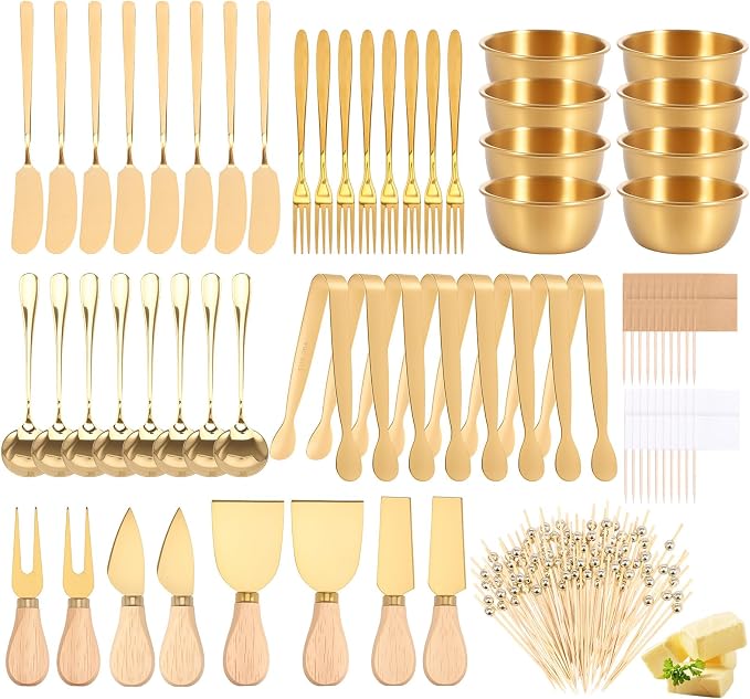 188Pcs Charcuterie Utensils Set,Charcuterie Boards Accessories Set Bulk,Mini Cheese Butter Spreader Knives Stainless Steel Cutlery Tongs Spoons Forks Bowls Wooden Toothpicks for Kitchen Wedding Party