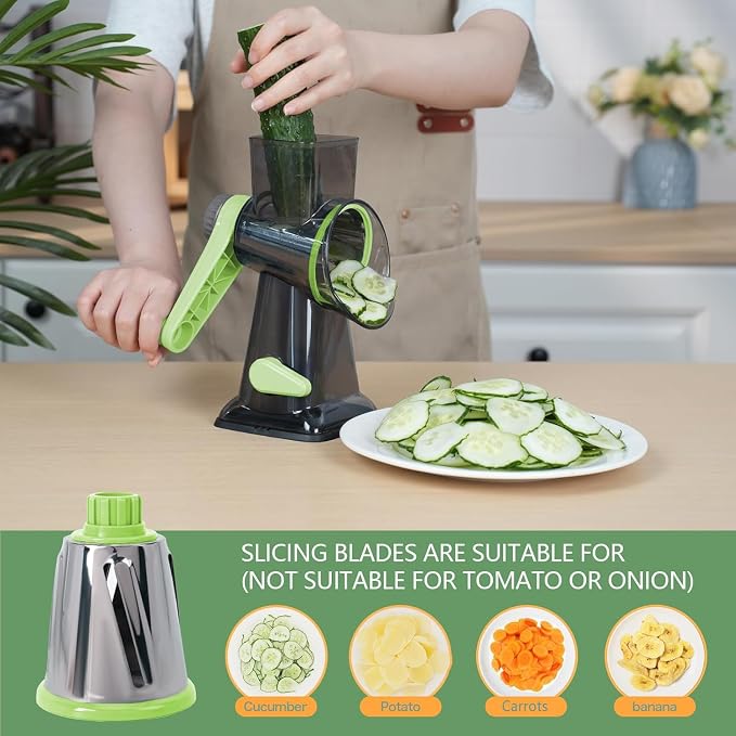 Rotary Cheese Grater with Handle-Versatile Cheese Grater Non-Slip Suction Base,Cheese Shredder & Food Slicer for Cheese,Carrots, Cucumbers,Nuts-Compact & Easy Clean Kitchen Kitchen Tool (Green)