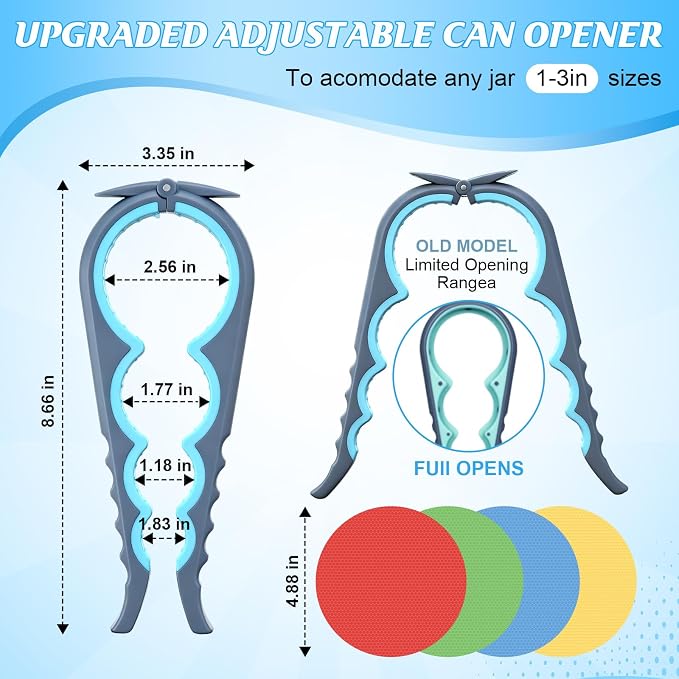 Jar Opener for Weak Hands, Seniors with Arthritis, 2 Pcs 5 in 1 Multi Function Bottle Opener Lid Openers For Arthritic Hands with 4 Pcs Rubber Jar Openers Bottle Gripper Non Slip Pad
