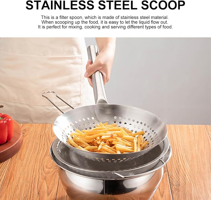 CALLARON Home Multi-Functional Stainless Steel Skimmer Ladle with Fine Mesh Wire Filter Spoon for Oil Straining and Cooking Large 16.92 X 9.44 X 2.36 Inch Kitchen Utensil