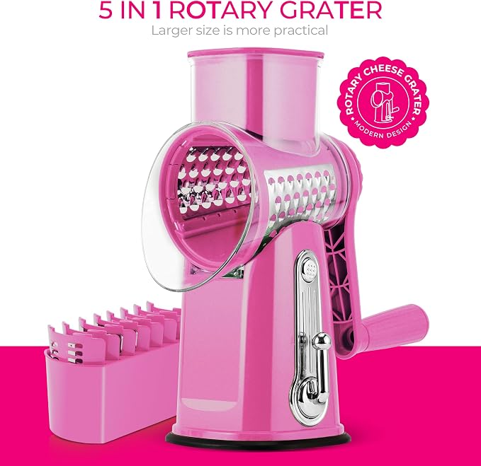 SUSTEAS Rotary Cheese Grater with Handle - Vegetable Shredder with 5 Well-designed Blades & Strong Suction Base,Round Mandoline Slicer & Food Chopper for Kitchen,with Blade Storage Box(Pink)