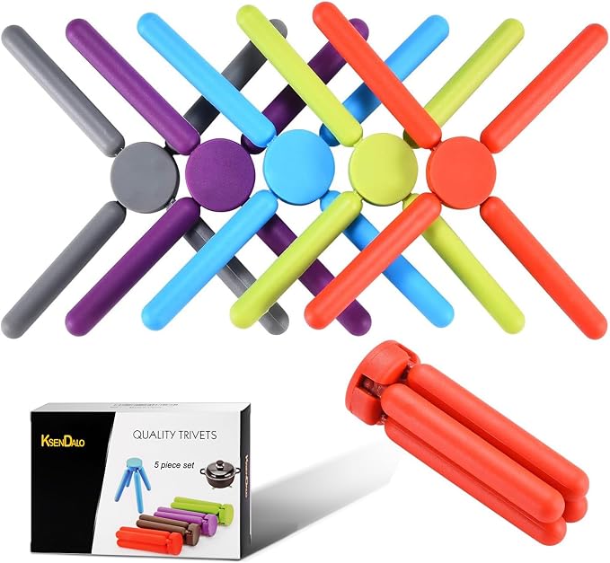 5 Pack Thick Silicone Trivets for Hot Dishes Eco-Friendly Foldable Trivets for Hot Pots and Pans Folding Trivet Save Much Space for Kitchen Home, Multi-Color | Foldable Heat Resistant Trivet Mats for Hot Pots and Pans, Non-Slip Folding Silicone Hot Dis...