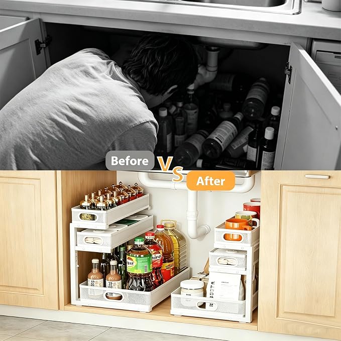 2 Pack Under Sink Organizer, 3-Tier Pull Out Kitchen Cabinet Organizer | 5 Adjustable Heights, Metal Slide Out Bathroom Storage, Makeup Drawer Rack for Bedroom Office Pantry Home Organization, White