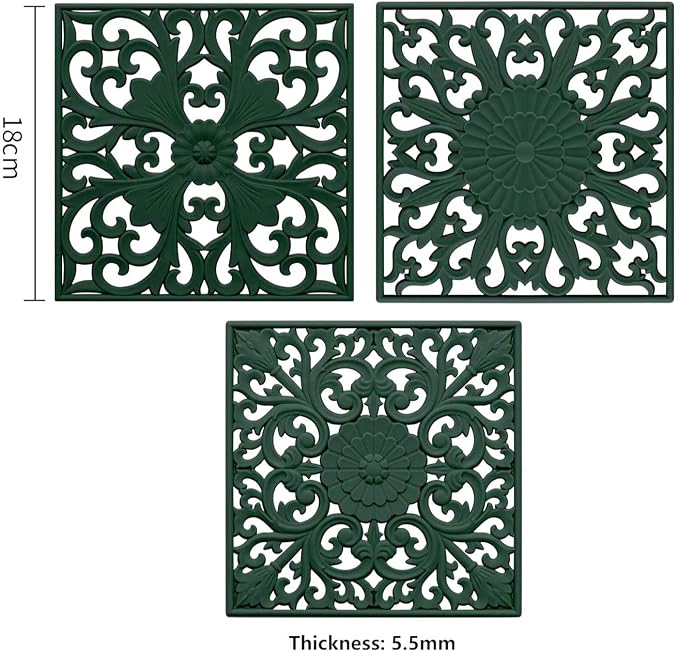 Silicone Trivets for Hot Dishes-Pots&Pans, Square Multi-Use Carved Trivet Mat, Insulated Silicone Mats, Flexible Trivet Mat for Countertop & Tabletop, Pot Holders Hot Pads Set 3 Green