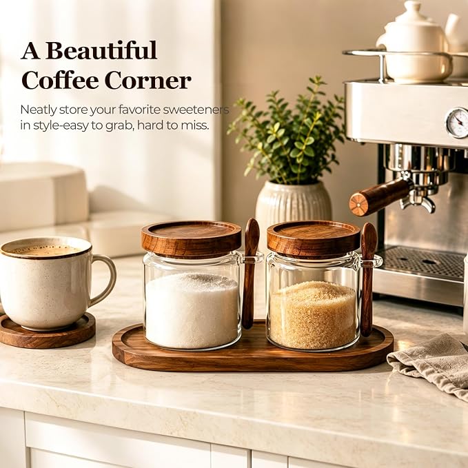 ComSaf Sugar Jars with Acacia wood Lids and Spoons 0.5Qt 2Pack, Decorative | Glass Food Storage Container, Brown Sugar Coffee Tea, Pantry Kitchen Countertop Coffee Bar, Wide Mouth, Canisters with Labels