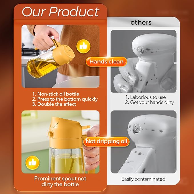 YARRAMATE 16 oz 2-in-1 Glass Olive Oil Sprayer for Cooking, WhiteOrange | Food-grade dispenser bottle, 470 ml, spray and pour, portion control, stickers included, for salad, frying and BBQ