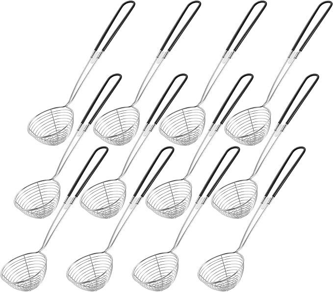 Geiserailie 12 Pieces Hot Pot Kit Strainer Scoops Stainless Steel 2.5 Inch Mini Spider Strainer Skimmer Pasta Mesh Spoon Asian Skimmer Spoon Ladle with Handle for Home (Black)