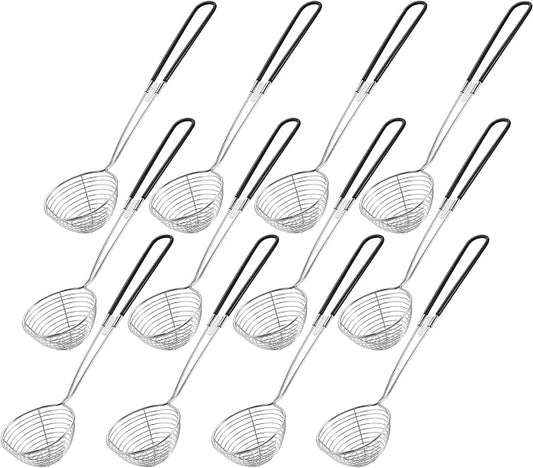 Geiserailie 12 Pieces Hot Pot Kit Strainer Scoops Stainless Steel 2.5 Inch Mini Spider Strainer Skimmer Pasta Mesh Spoon Asian Skimmer Spoon Ladle with Handle for Home (Black)