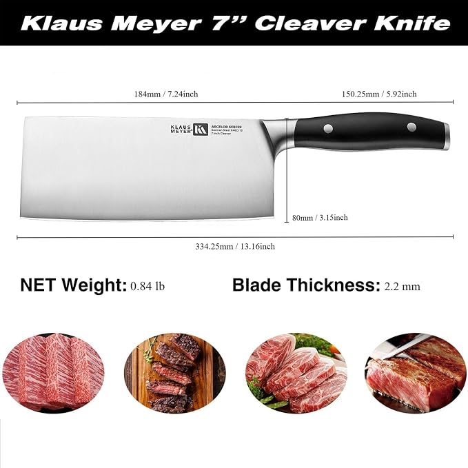 Klaus Meyer Arcelor Cleaver Knife 7 Inch Chef's Cleaver Knife- 1.4034 German Steel with ABS Ergonomic Handle, Ultra Sharp and 2.2mm Blade Thickness, for Home/Restaurant