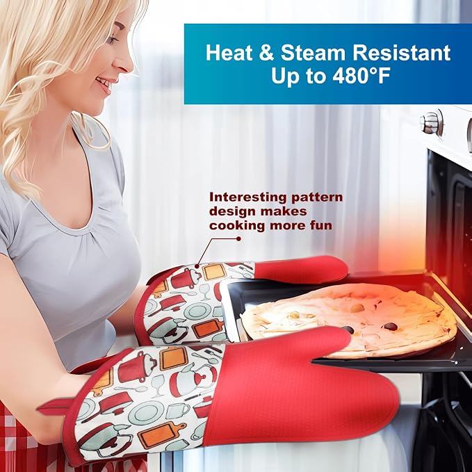 LYART Heat Resistant Silicone Oven Mitts and Hot Pads Set, Non-Slip with Cotton Lining, for Kitchen Baking Cooking BBQ (Red, 1pair Mitts + 1pair Pads)