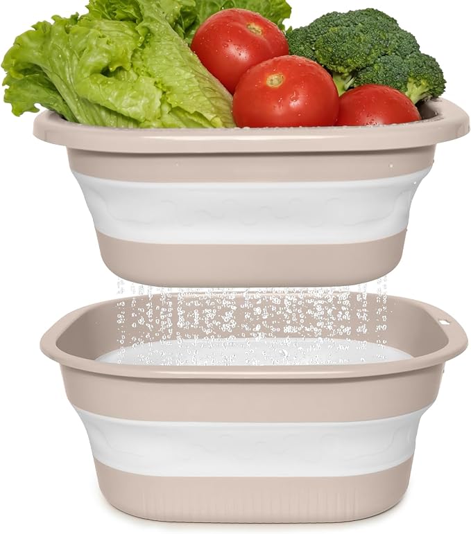 Collapsible Colander and Sink Basin Set - 2 in 1 Collapsible Colander Strainer with Collapsible Wash Basin for Kitchen, RV Camping, Foldable Fruit Vegetable Washing Basket, 8 QT, Pink