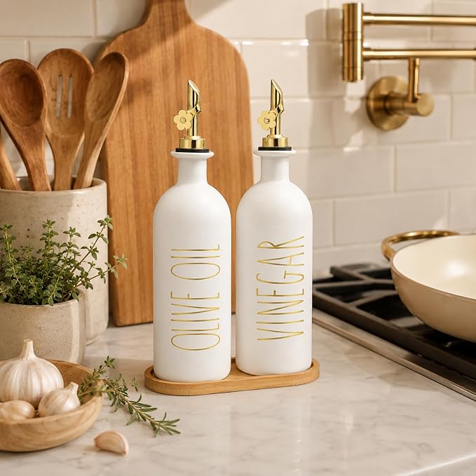 HOMCDALY 16oz Olive Oil Dispenser Bottles for Kitchen, Gold Oil&Vinegar Dispenser Set, Glass Oil Dispenser for Kitchen with Bamboo Tray | Set of 2 (16oz-P-Gold)