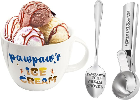 Paw Paw Gifts, Gifts for Pawpaw from Grandkids, Pawpaw's Ice Cream Bowl Scoop Shovel Spoon Set, Pawpaw’s Ice Cream Gift, Christmas Birthday Grandparents Day Gift for Him Man