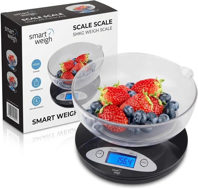 Smart Weigh Digital Kitchen Scale with Removable Bowl – 11lb/5kg Capacity, 0.1oz/1g Precision – High Accuracy Food Scale for Baking, Cooking & Meal Prep (Black)