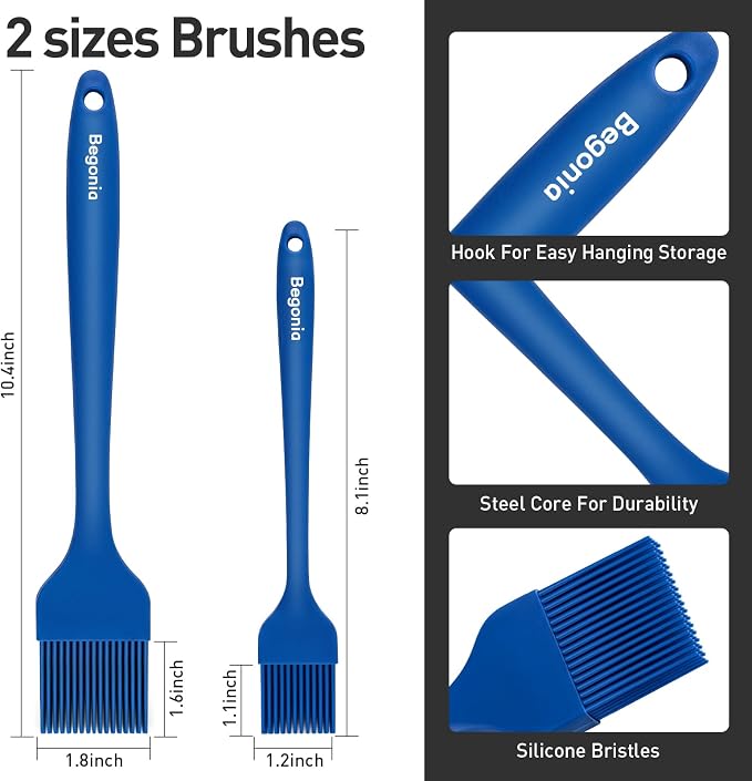 Begonia Silicone Pastry Brush (Blue) | 2pcs 10+8 in Heat Resistant Basting Brush for Cooking,Baking, Grilling and spreading oil
