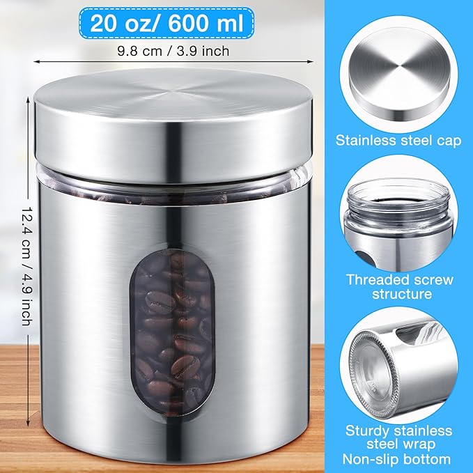 6 Pack Kitchen Canisters Set Airtight Coffee Sugar Tea Candy Storage Jars with Window Glass Stainless Steel Containers with Lids for Flour Cookies Spices Grains Kitchen Decorations(20 oz)