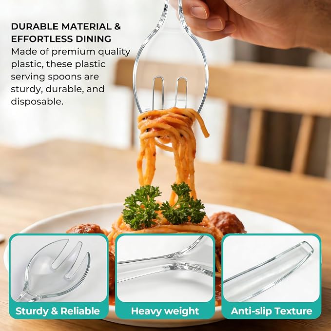 CXPSINC Disposable Plastic Serving Utensils Set 18-Piece, Including 6 Clear Plastic Serving Spoons, 6 Tongs & 6 Forks, Disposable Serving Utensils For Catering Buffets Events (Clear, 18pcs Utensils)