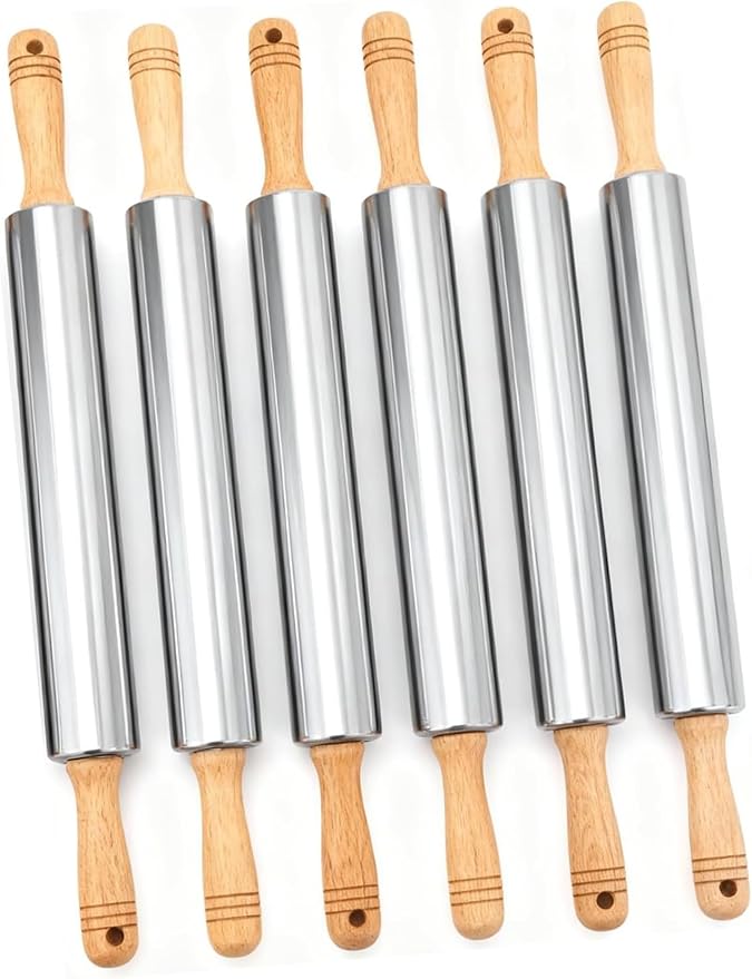 FOLAI 6-Piece Stainless Steel Rolling Pin Set with Wooden Handle, 18.9 x 1.96 inch, Non-Stick Surface, Children's Rolling Pin, for Baking Cakes, Pizza, Fondant, Cookies
