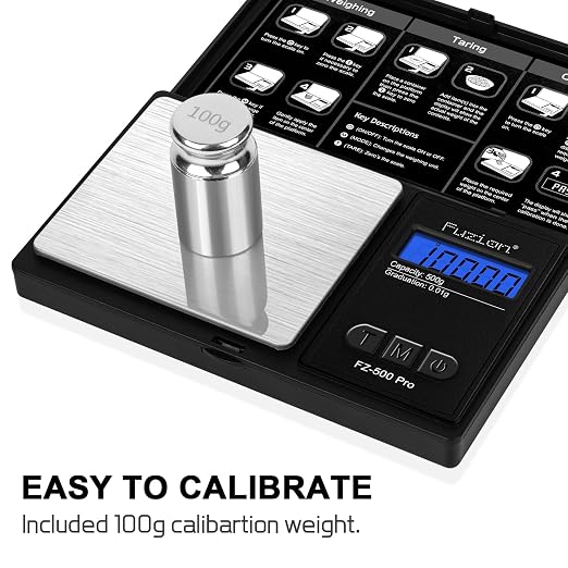 Fuzion Digital Pocket Gram Scale 0.01g x 500g, with 100g Calibration Weight | High Precision, Easy of Use, Tare Function, 6 Modes Ounces Grains, Battery Included, Weighs Jewelry, Coins, Herb, Small Food