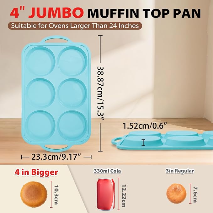 Nonstick Silicone Muffin Top Pan: 4 Inch Jumbo Silicone Egg Molds with Metal Frame for Baking Breakfast Sandwiches/English Muffins Egg Bites Hamburger Buns - for Oven Housewife (Beige& Mint Green)