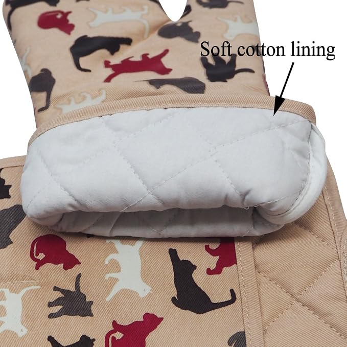 Oven Mitts Gloves 1 Pair Heat Resistant 480 ℉ Non Slip Clear Silicone Printed Comfortable Cotton Lining Kitchen Women Men Cooking Barbecue Microwave Machine Washable (Cat, Khaki Mittens)
