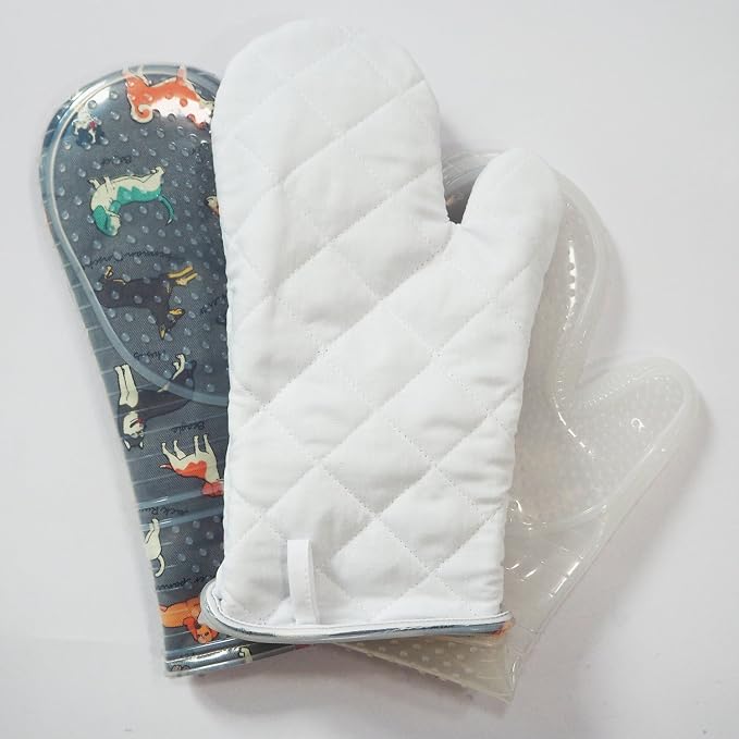 Oven Mitts Set of 2 with Transparent Clear Silicone Shell and Nice Dog Printing Cotton Lining, Heat Resistant to 500 F Kitchen Oven Gloves Pot Holder for Cooking (Gray)