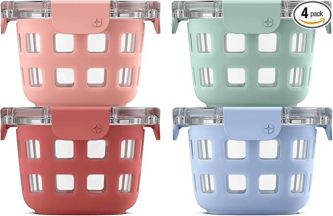 Ello Duraglass 2 Cup Glass Storage Containers with Lids, 4 Pack, Melon | Glass meal prep set with silicone sleeves, leakproof BPA-free lids, microwave and oven safe, freezer and dishwasher safe