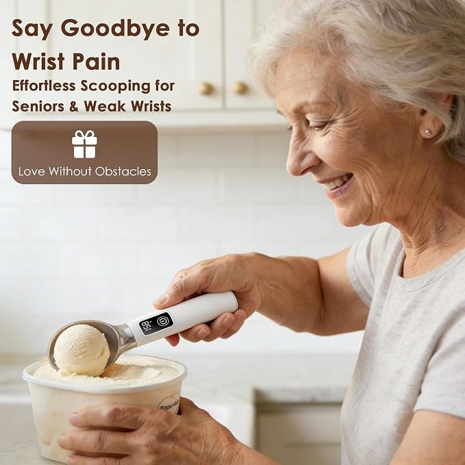 Electric Heated Ice Cream Scoop with Stand, 5000mAh Rechargeable Ice Cream Scooper for Hard Frozen Desserts, 158℉ Fast Melting & Smart LED Display, IP67 Waterproof Anti-Freeze Spoon, Perfect Gift