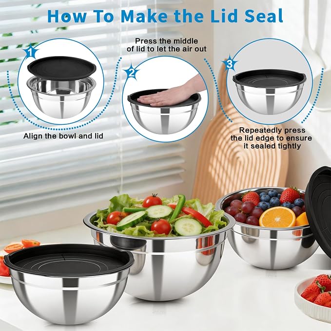 Stainless Steel Mixing Bowls with Lids, 7-Piece Nesting Bowl Set | 0.7,1.1, 1.5, 2.1, 3.5, 4, 4.5 QT stackable stainless steel mixing bowls for baking, food prep, serving and storage
