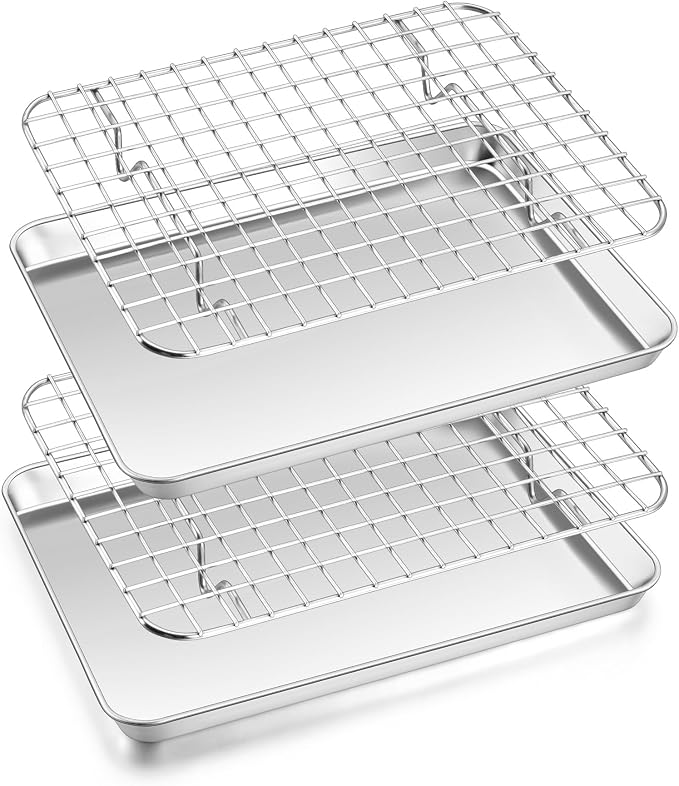 Homikit Toaster Oven Pan with Rack Set (2 Baking Sheet+2 Rack), 9 x 7 Inch | Stainless Steel Small Cookie Sheets with Grid Cooling Racks for Baking Roasting Grilling, Bacon Tray Sheet Pan with Wire Rack
