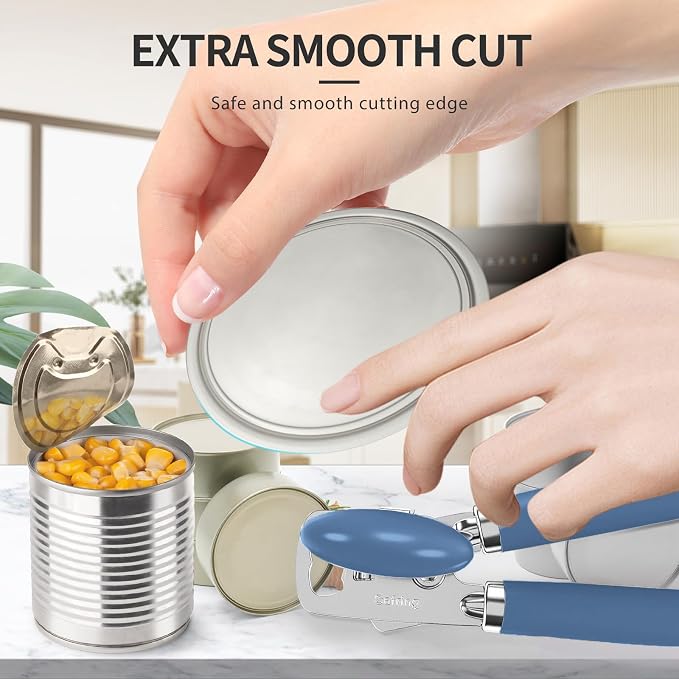 Safring Can Opener Manual, Heavy Duty Stainless Steel Smooth Edge Can Opener With Soft Touch Handle, Oversized Handheld Easy Turn Knob, Multi-Function Bottle Opener, Blue