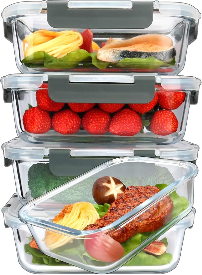 M MCIRCO 5 Pack 36 oz Glass Food Storage Containers with Lids,4.5 Cups,Gray | Glass Meal Prep Containers,Airtight Lunch Containers with Lids, Microwave, Oven, Freezer and Dishwasher Friendly, BPA Free