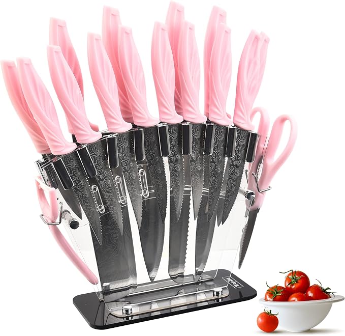 Damascus Knife Set 18Pcs Non Stick Sharp Kitchen Knives Set with Acrylic Block Cutlery Knives Block Set Chef Quality Best Gift Pink Handle