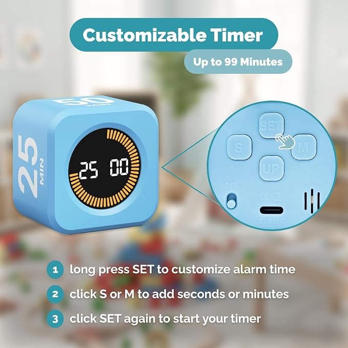 KADAMS Pomodoro Cube Timer Productivity Visual Timer - 5/10/25/50 Min Rotating Countdown (1, Blue)
