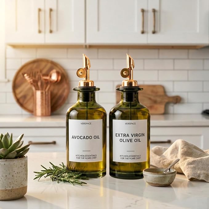 Verspace UV-Protected Green Glass Olive Oil Dispenser Bottles For Kitchen - 2 Pack - 12oz Includes 40 Kitchen Essential Labels, Avocado Oil Dispenser Set, Modern Decor for Home, Airbnb, Cafe