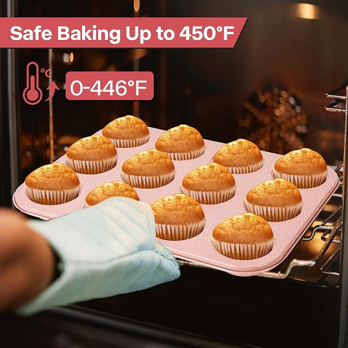 2-Pack Pink Nonstick Muffin Pans, 12-Cup Muffin Cake Pan, 5-Layer Free PFOA/PFOS/PTFE Safe Cupcake Pan, Durable & Easy-Clean Muffin Cup for Baking