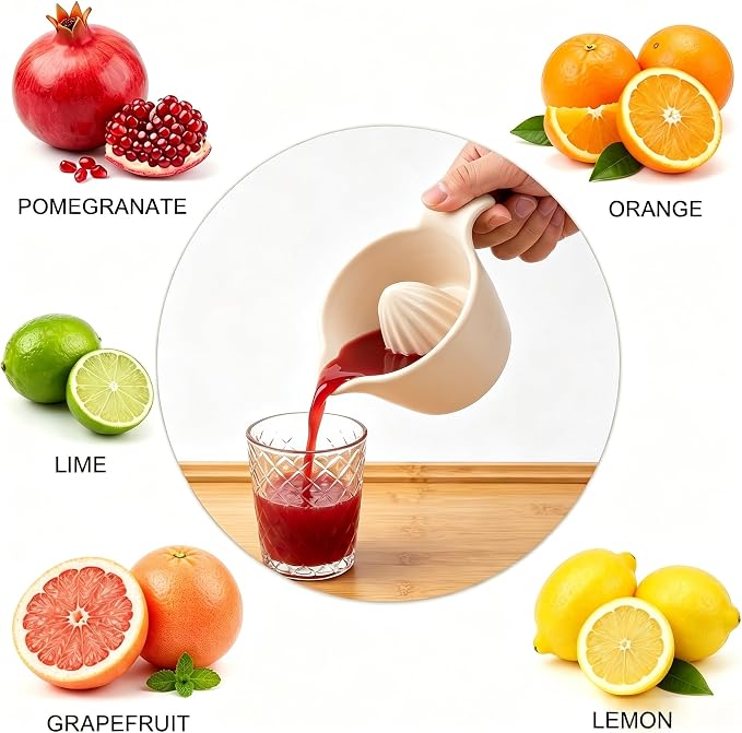 4 inch Ceramic Lemon Squeezer - Manual Citrus Juicer with Handle and Easy Pour Spout for Lemon, Orange, Lime&Grapefruit -Easy to Clean Hand Press Juicer,Microwave & Dishwasher Safe,Lead-Free (Beige)