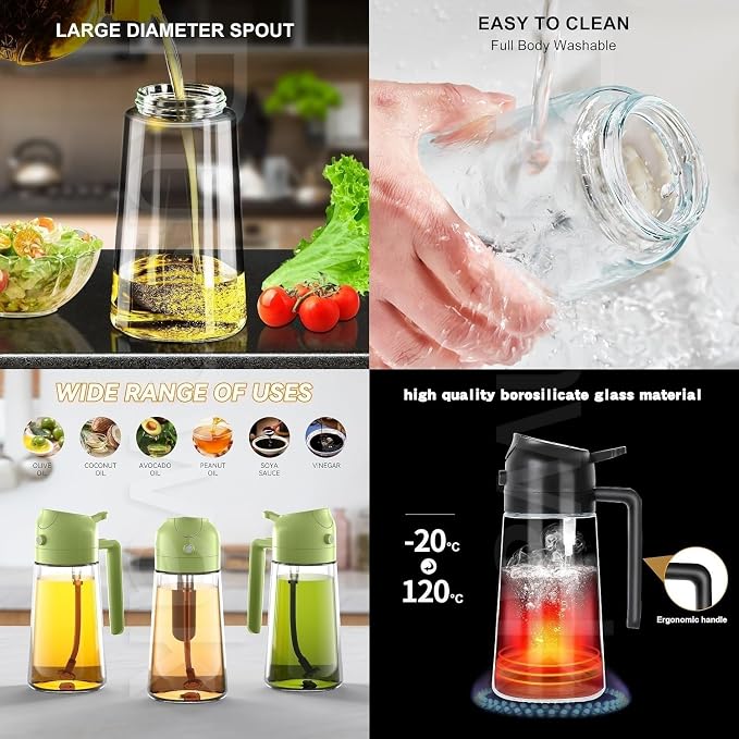 2 in 1 Oil Sprayer & Dispenser 500ml Glass Bottle for Cooking, Air Fryer, Salad, BBQ, Roasting