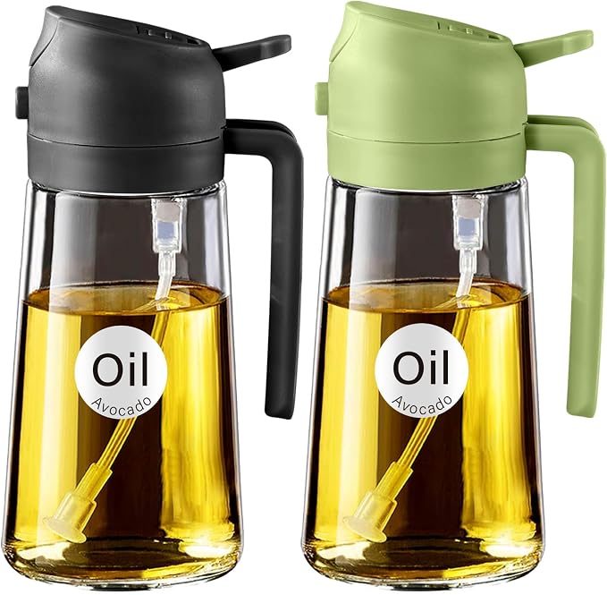 YARRAMATE Olive Oil Dispenser, 2 in 1 Oil Sprayer for Cooking, 16oz/470ml Glass Oil Spray Bottle with Pourer, Food-grade Oil Dispenser and Oil Sprayer for Kitchen, Salad, Frying, BBQ (Black & Green) | Food-grade dispenser bottle, 470 ml, spray and pour...
