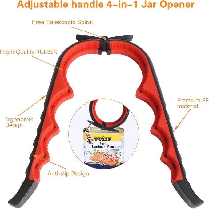 Jar Opener Bottle Opener for Weak Hands, 5 in 1 Multi Function Can Opener Bottle Opener Kit with Silicone Handle Easy to Use for Children, Elderly and Arthritis Sufferers (New red)