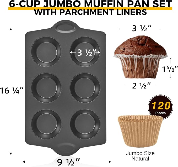 HONGBAKE Nonstick Jumbo Muffin Pan, 2 Pack Large Cupcake Tin with 120pcs Muffin Liners, Cup Cake Tray for Baking, 3.5dia, 6 Cup, Premium, Extra Thick