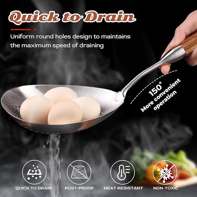 MARTE Skimmer Slotted Spoon，304 Stainless Steel Large Skimmer Ladle Spoon Spider Strainer for Cooking and Deep Frying，16 Inch Pasta Strainer Spoon for Kitchen with Ergonomic Comfortable Grip Handle
