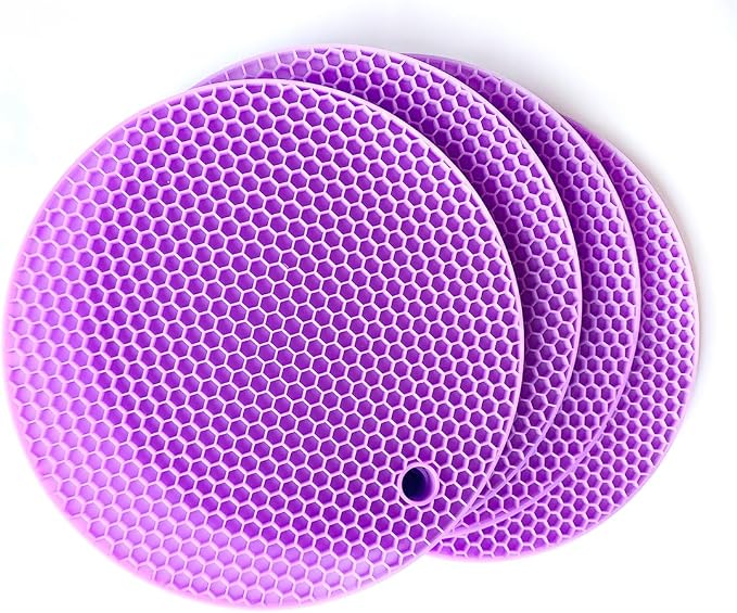 7-Inch Round Silicone Trivet Mats - 4-Pack Non-Slip Heat Resistant Hot Pads for Kitchen Countertops, Pots and Pans (Purple)