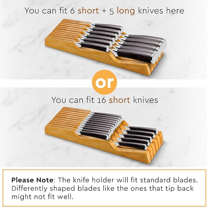 Bambüsi Knife Drawer Organizer - Bamboo Wood In-Drawer Knife Block Holder for Kitchen Drawer, 16 Slot Blade Down Knife Organizer Insert, Fits Chef & Steak Knives, Standard Drawer (Knives Not Included)