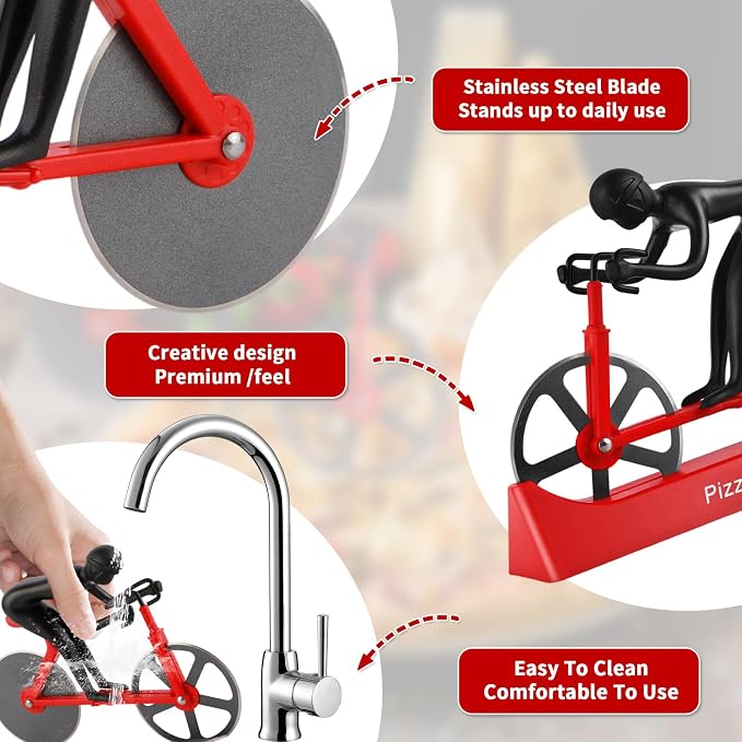 Bike Pizza Cutter,Bicycle Pizza Slicer,Stainless Steel Pizza Cutter Wheels with Stand,Unique Kitchen Gadget,Gifts for Cyclists Men,Cool Men’s Gift