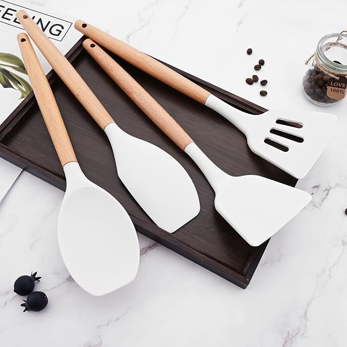 1pc White Silicone Solid Tuner with Wooden Handle, Heat Resistant Cooking Utensils, Ideal Cookware for Fring Fish, Eggs, Meat, French Fries