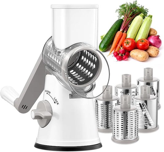 GDL Rotary Cheese Grater Hand Crank with 5 Interchangeable Blades - Upgraded Cheese Shredder Featuring Strong Suction Base for Cheese Shredding, Wavy Slicing, Nut Grinding, Ice Shaving