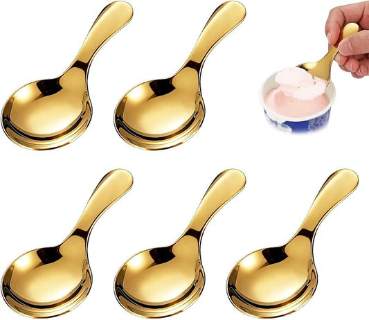 5PCS Mini Ice Cream Scoop for Canisters, Gold Mini Candy Serving Scoops Stainless Steel Short Handle Salt Condiments Dessert Spoons for Restaurant Candy Buffet Condiments Dessert(Gold)