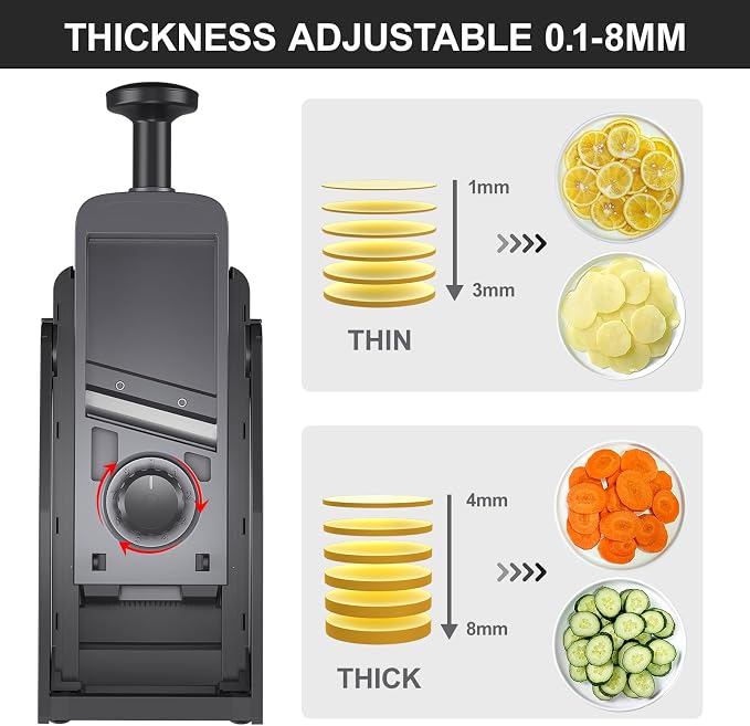 SupMaKin Upgrade Larger Safe Mandoline Slicer with Cheese Grater Potato Slicer for Chips, Vegetable Slicer,Thickness Adjustable 0.1-8 mm, Drain baskets and containers (Only Slicer) Black