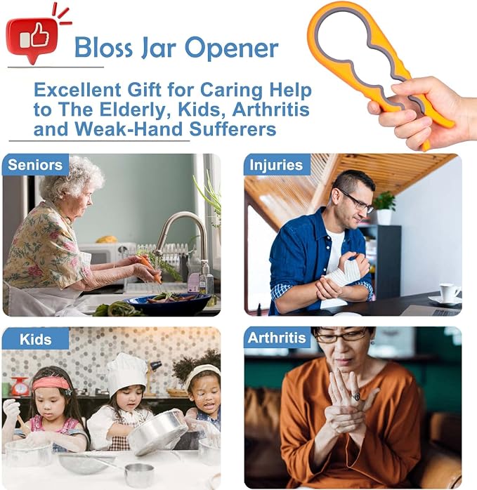 Bloss Jar Opener Bottle Opener for Seniors,Weak Hands and Arthritis,Orange | Anti-Slip Rubber Strip Inside,Eight Sizes of Circular Openings,Cap and Bottle Great Kitchen Gadgets,Useful Gifts for Elderly